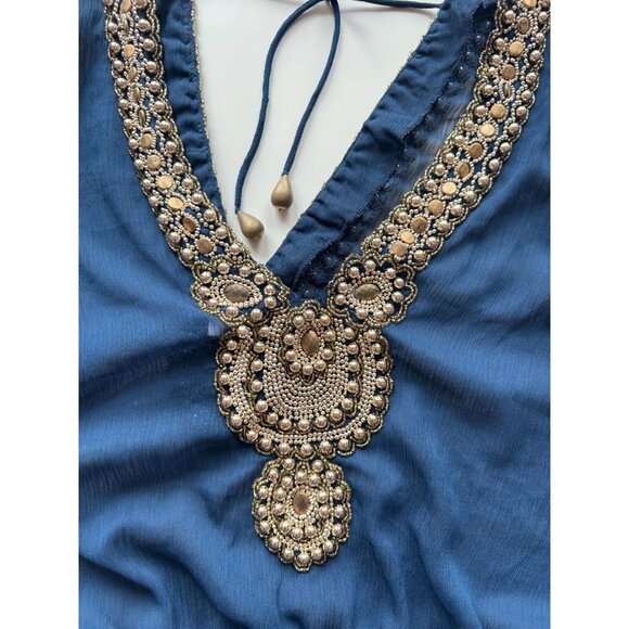 YEMANJA IBIZA Navy Beaded Beaded Embellished Sheer Crepon Cover-Up, One Size - Picture 8 of 12